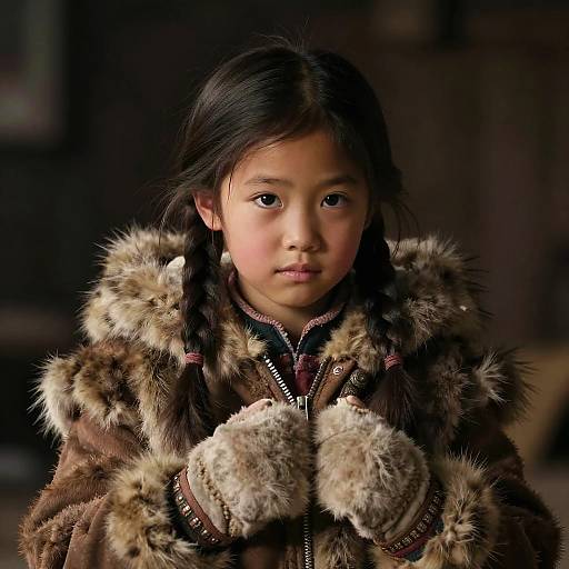 Photograph of an Asian girl with dark hair in braids, wearing a brown fur-trimmed winter coat and mittens, looking serious against a