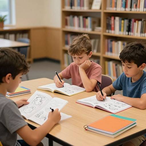 Kids Reading and Drawing in Library