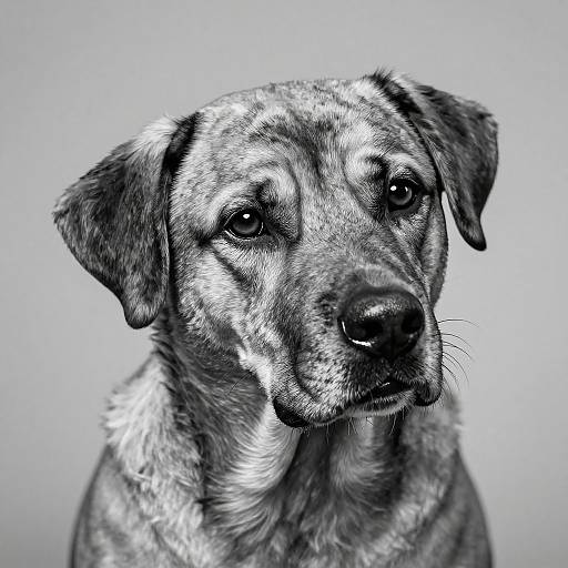 Black-and-white photograph of a medium-sized, short-haired dog with expressive eyes, slightly tilted head, and soft fur texture against a plain background.