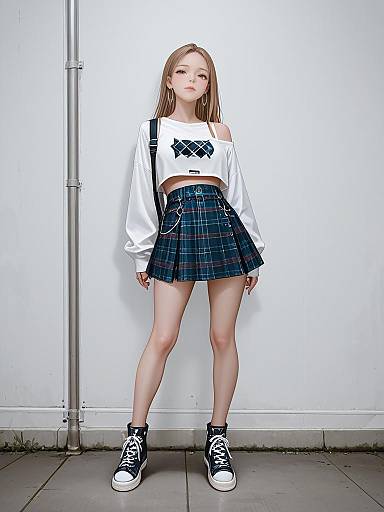 Photograph of a young woman with light skin and straight blonde hair, wearing a white off-shoulder sweater, blue plaid skirt, black sneakers