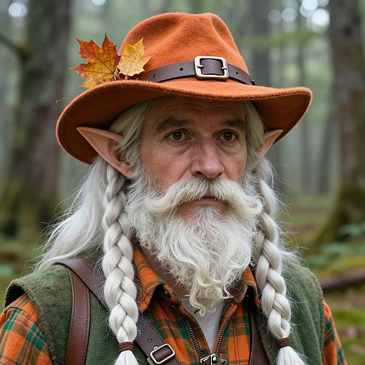 Photograph of an elderly, white-haired, bearded elf with pointed ears, wearing an orange hat with a leaf, plaid shirt, and green