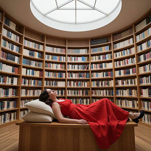 Photograph of a woman with dark hair, wearing a red dress, reclining on a wooden table in a circular library with wooden bookshelves and