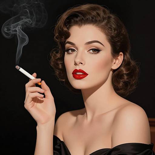 Digital illustration of a glamorous woman with red lipstick, dark wavy hair, and smoking a cigarette against a black background.