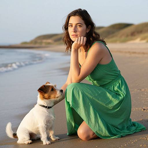 Photograph of a woman with wavy brown hair in a green dress, kneeling on a sandy beach, next to a small white and brown Jack Russell