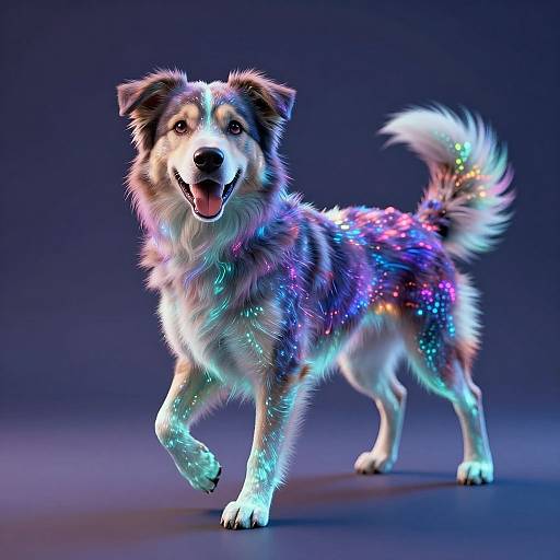 CGI image of a fluffy, multicolored dog with glowing, rainbow-like patterns on its fur, standing and smiling against a dark blue gradient background