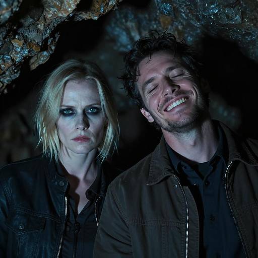 Two People in Dark Rocky Cave with Blue Light