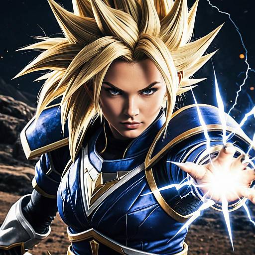 Digital artwork of a fierce blonde-haired woman with spiky hair, blue armor, and glowing electric energy in her right hand.