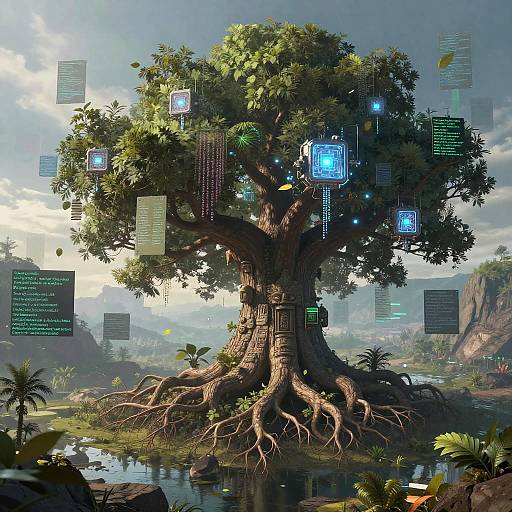 Digital illustration: Enchanted, glowing tree with floating blue holographic cubes in a lush, mountainous landscape with a reflective water surface.