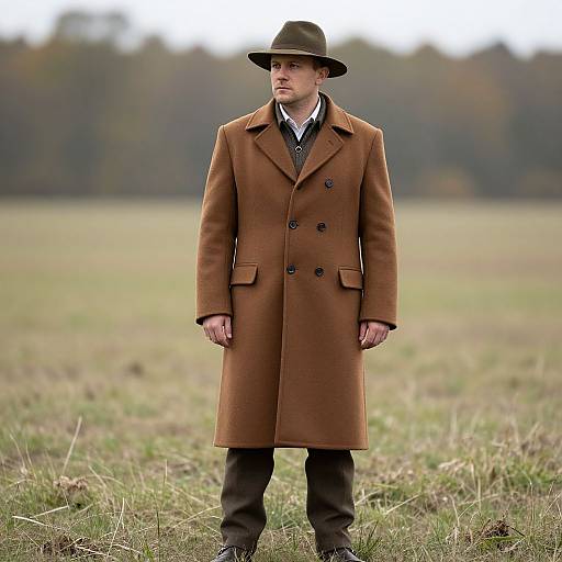 Photograph of a young man in a brown overcoat, black tie, and hat, standing in a grassy field, looking ahead. Autumn background