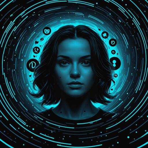 Confident Woman with Glowing Symbols in Swirling Abyss