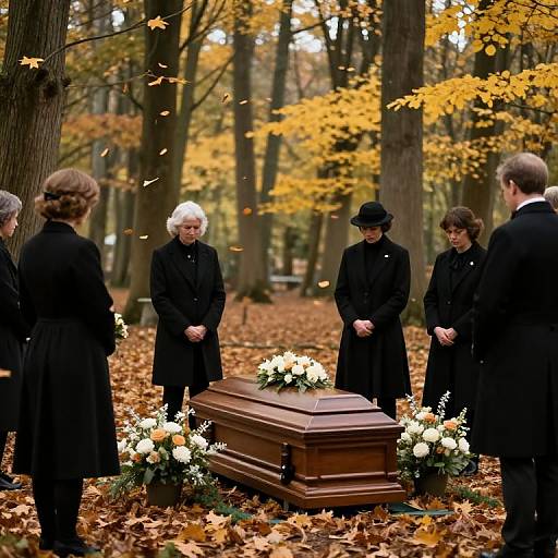 Photograph of a solemn outdoor funeral in an autumn forest, featuring mourners in black attire around a wooden casket with white flowers, surrounded by fallen