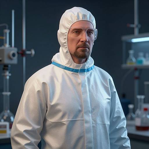 Photograph of a bearded man in a white, disposable laboratory coat, wearing a hair cover, standing in a dimly lit laboratory with various scientific