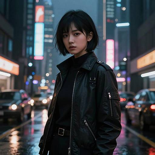 Cyberpunk city night scene photograph of an Asian woman with short black hair, wearing a black jacket, standing on a wet, neon-lit street