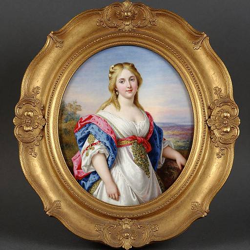 Photograph of a classic-style portrait painting in an ornate, gold oval frame. The woman has blonde hair, wears a white dress with blue and