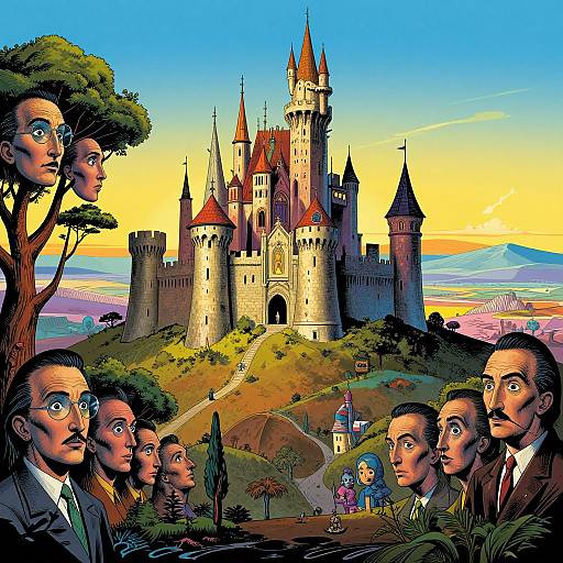 Comic-style drawing of six men with large eyes gazing at a grand, red-roofed castle in a vibrant, colorful landscape.