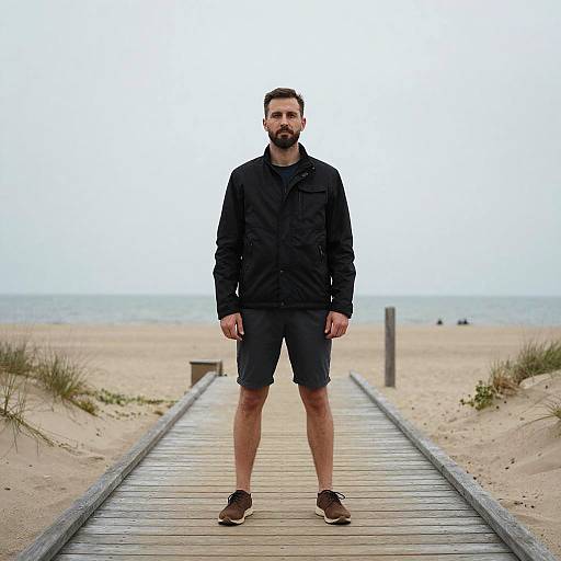 Photograph of a bearded man with short dark hair, wearing a black jacket, black shorts, and brown shoes, standing on a wooden beach board