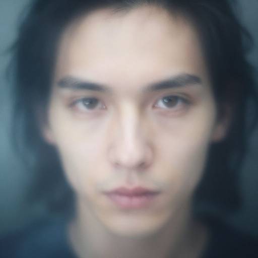 Blurry close-up photograph of a young person with light skin, dark hair, and neutral expression, featuring a bright white glare on their face.