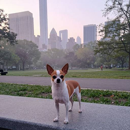 Photograph of a brown and white Chihuahua standing on a concrete ledge in a city park, with skyscrapers and trees in the mist