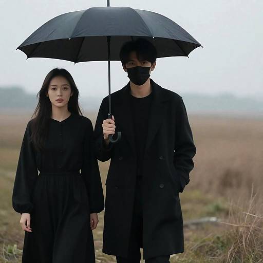 Masked Figure Under Black Umbrella