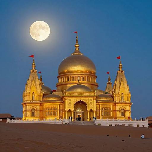 Photograph of the Golden Temple in Amritsar at night, illuminated with golden lights, under a full moon in a clear blue sky. Red flags