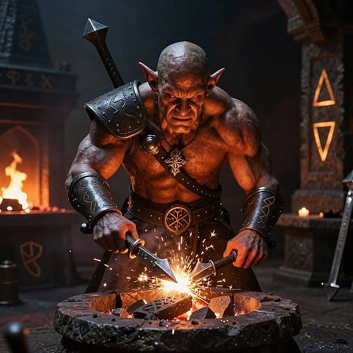 Muscular, bald, orc warrior with pointed ears, black armor, and tribal tattoos, forges sparks in a dim, fiery cave. Dark,