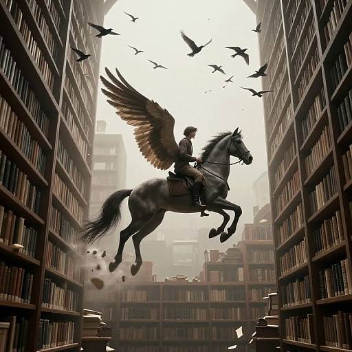 Digital artwork of a winged, medieval warrior on a galloping horse, flying through a towering, book-filled library with flying birds.