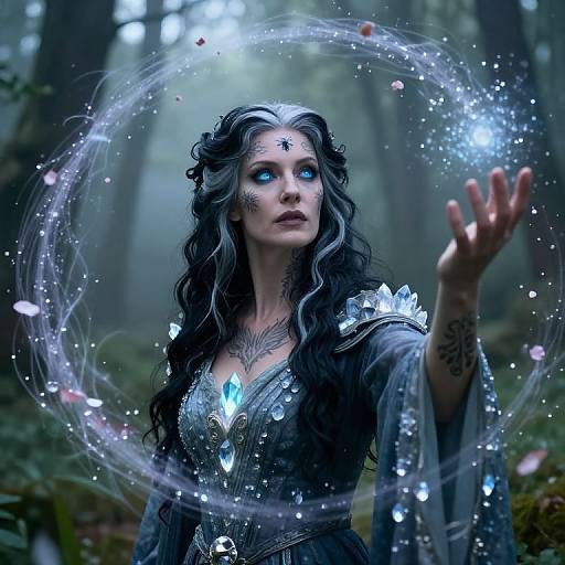 Digital fantasy artwork: Blue-eyed, long-haired woman in dark, crystal-embellished robe casts glowing magic circle in misty forest. Glitter