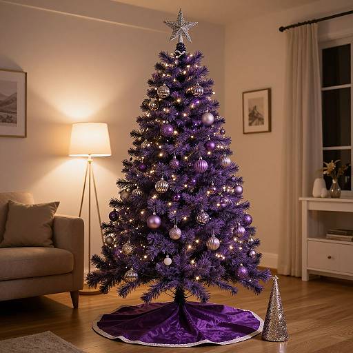 Photograph of a purple Christmas tree adorned with purple and silver ornaments, topped with a silver star, in a warmly lit living room.