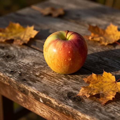 Photograph of a red and yellow apple with water droplets on a weathered wooden table, surrounded by scattered autumn leaves.