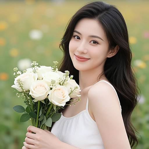 Photograph of a smiling Asian woman with long black hair, wearing a white tank top, holding a bouquet of white roses in a sunlit, blo