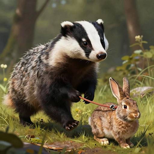 Anthropomorphic Badger Walking Rabbit