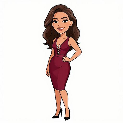 Cartoon-style drawing of a smiling woman with long brown hair, wearing a deep burgundy lace-up dress and black high heels.