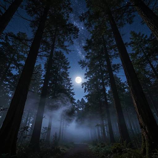 Photograph of a moonlit forest at night, with tall, dark pine trees silhouetted against a deep blue sky, and mist gently rising
