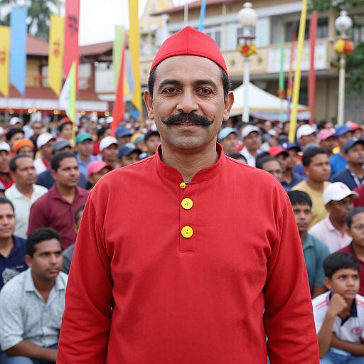 Photograph of a middle-aged South Asian man with a thick mustache, wearing a bright red traditional outfit and red cap, standing in front of a