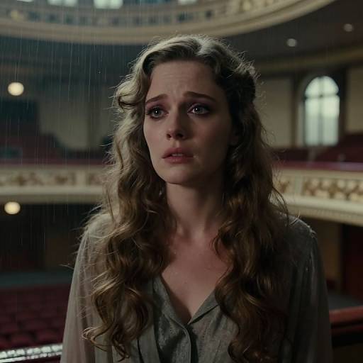 Photograph of a tearful, long-haired woman with wavy brown hair in a gray blouse, standing in a dimly lit, rain-soaked