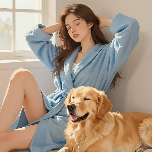 Serene Moment: Woman and Dog in Sunlight