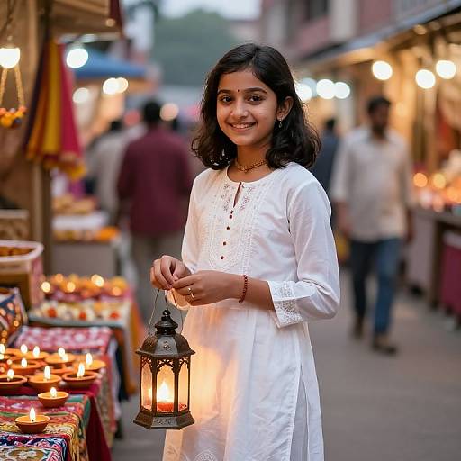 Photograph of a smiling young South Asian girl with dark hair, wearing a white traditional kameez, holding a lantern, standing in a bustling evening