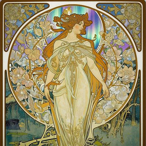 Art Nouveau-style illustration of a fair-skinned woman with long, flowing red hair, wearing a glowing, golden dress, surrounded by blooming flowers
