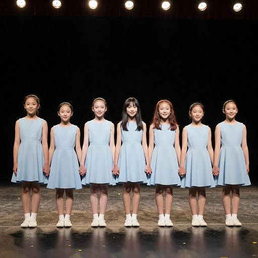 Seven Girls in Blue Dresses on Stage