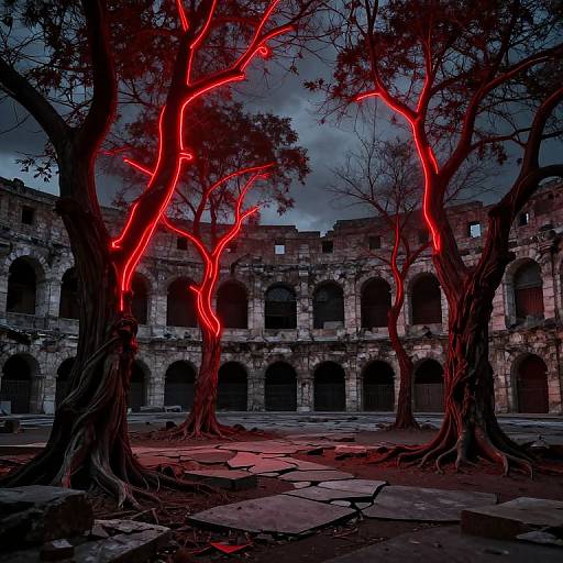 Photograph of a ruined stone courtyard with eerie, glowing red neon light tracing the branches of ancient, twisted trees. Dark, stormy sky overhead.