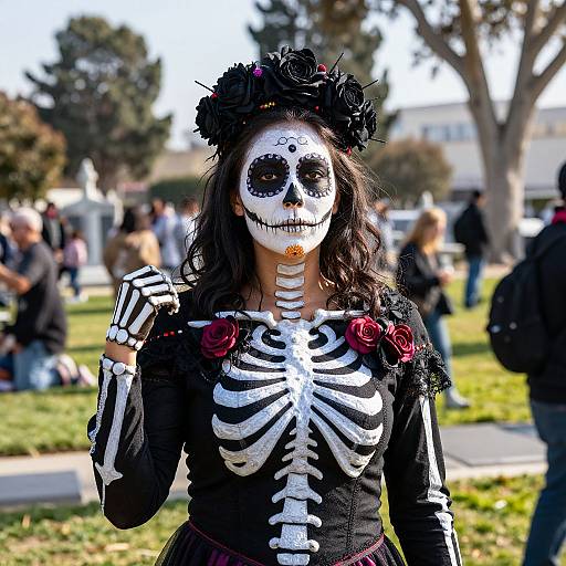 Photograph of a woman in a Day of the Dead costume with white skeleton face paint, black dress, red roses, and black floral headpiece,