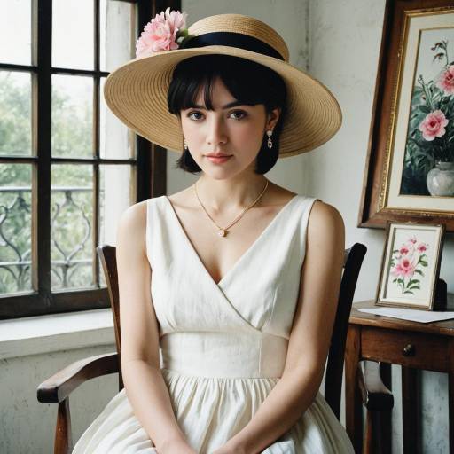 Young Woman in Vintage Dress and Straw Hat