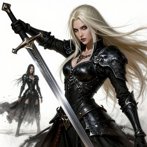 Digital artwork of a fierce, blonde warrior woman in black armor holding a sword, with a shadowy female figure in the background.