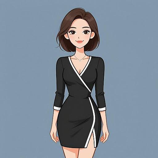 Anime-style digital illustration of a smiling young woman with short brown hair, wearing a black dress with white trim, standing against a blue background.