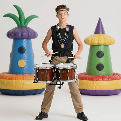 Photograph of a young boy with a green headband, black tank top, tan pants, and colorful bead necklace, playing two wooden drums, standing
