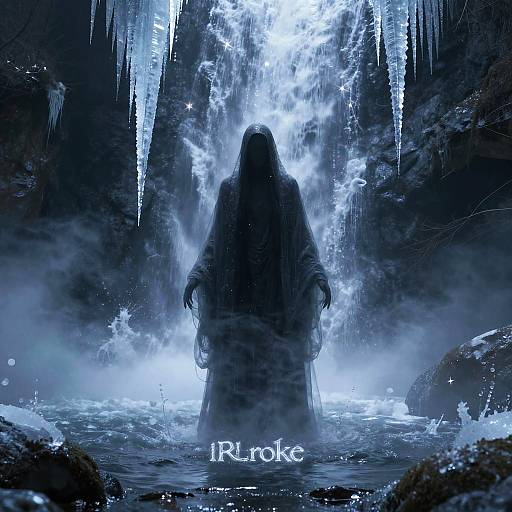 Mysterious, hooded figure in dark cloak stands in icy, glowing water cave with icicles, surrounded by mist. 