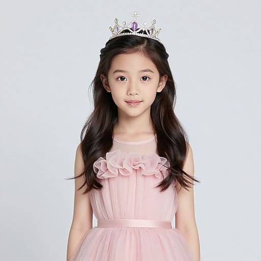 Photograph of an Asian girl with long black hair, wearing a pink ruffled sleeveless dress and a silver tiara, smiling against a white background