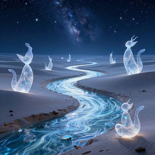 Photograph of glowing, translucent, ethereal creatures standing in a luminous, winding river on a starry, cosmic night sky backdrop.