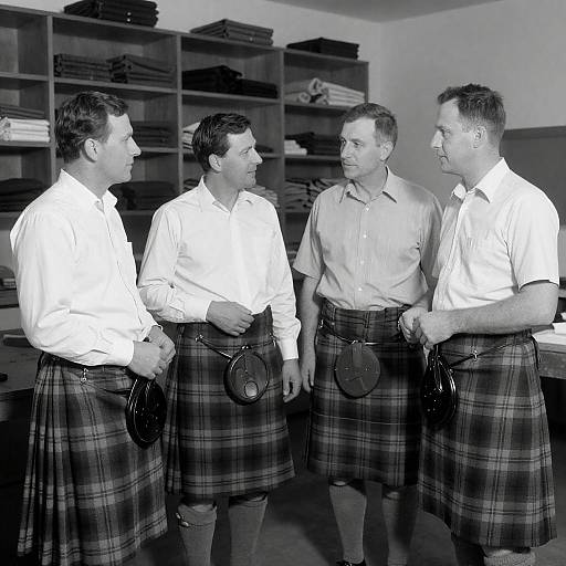Black-and-White Workshop Men Inspecting Plaid Kilts