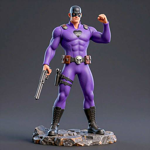 Muscular Superhero in Purple Suit Holding Gun